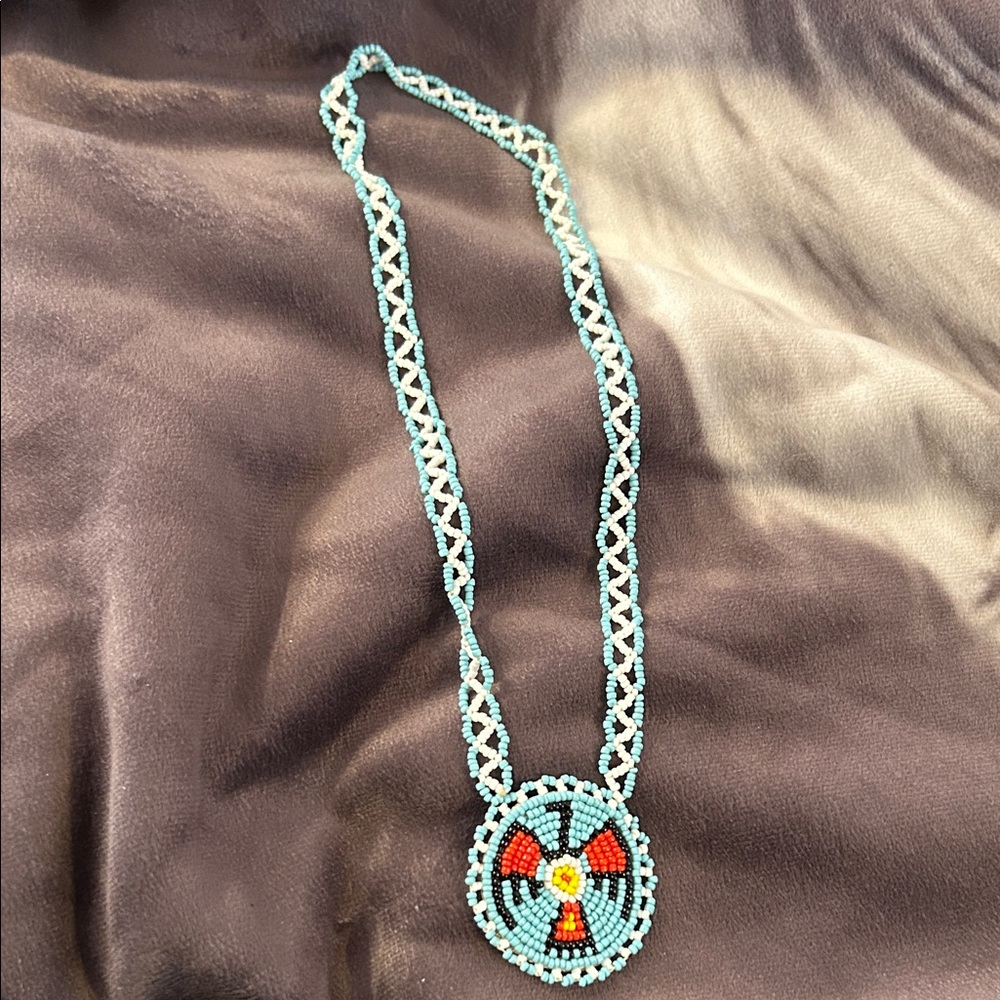 Vintage Native American Handcrafted Beaded Necklace with genuine leather